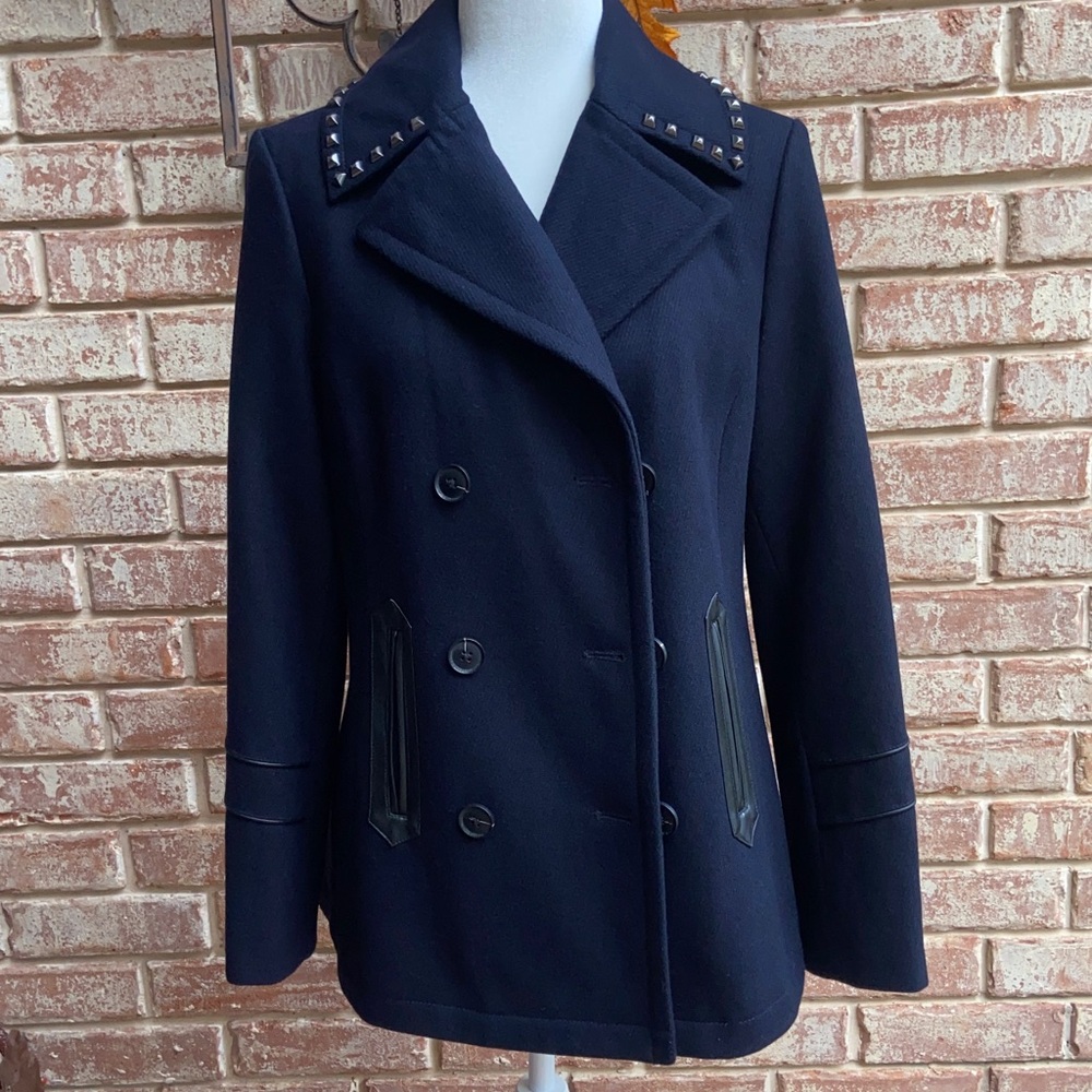 Sale! Studded Navy Women's Coat w/ studded collar,leather accents. Michael Kors. - Picture 5 of 16